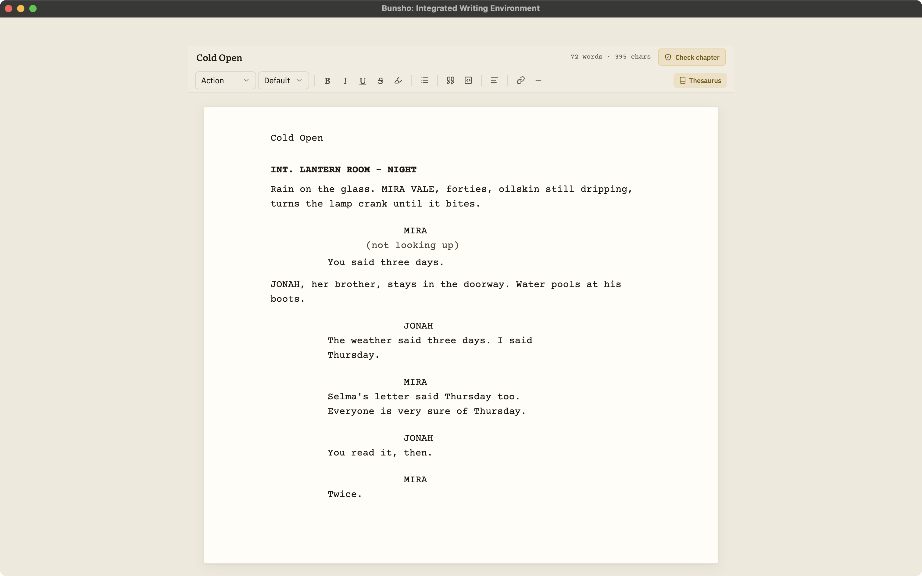 A screenplay scene in the Bunsho editor: slugline, action, character cues, and dialogue in screenplay format